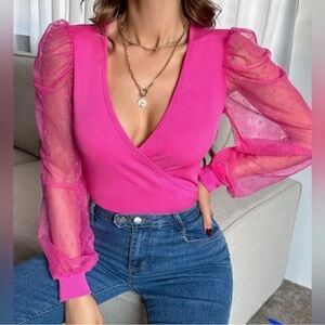 Chic Fuchsia Women's Blouse with Sheer Sleeves